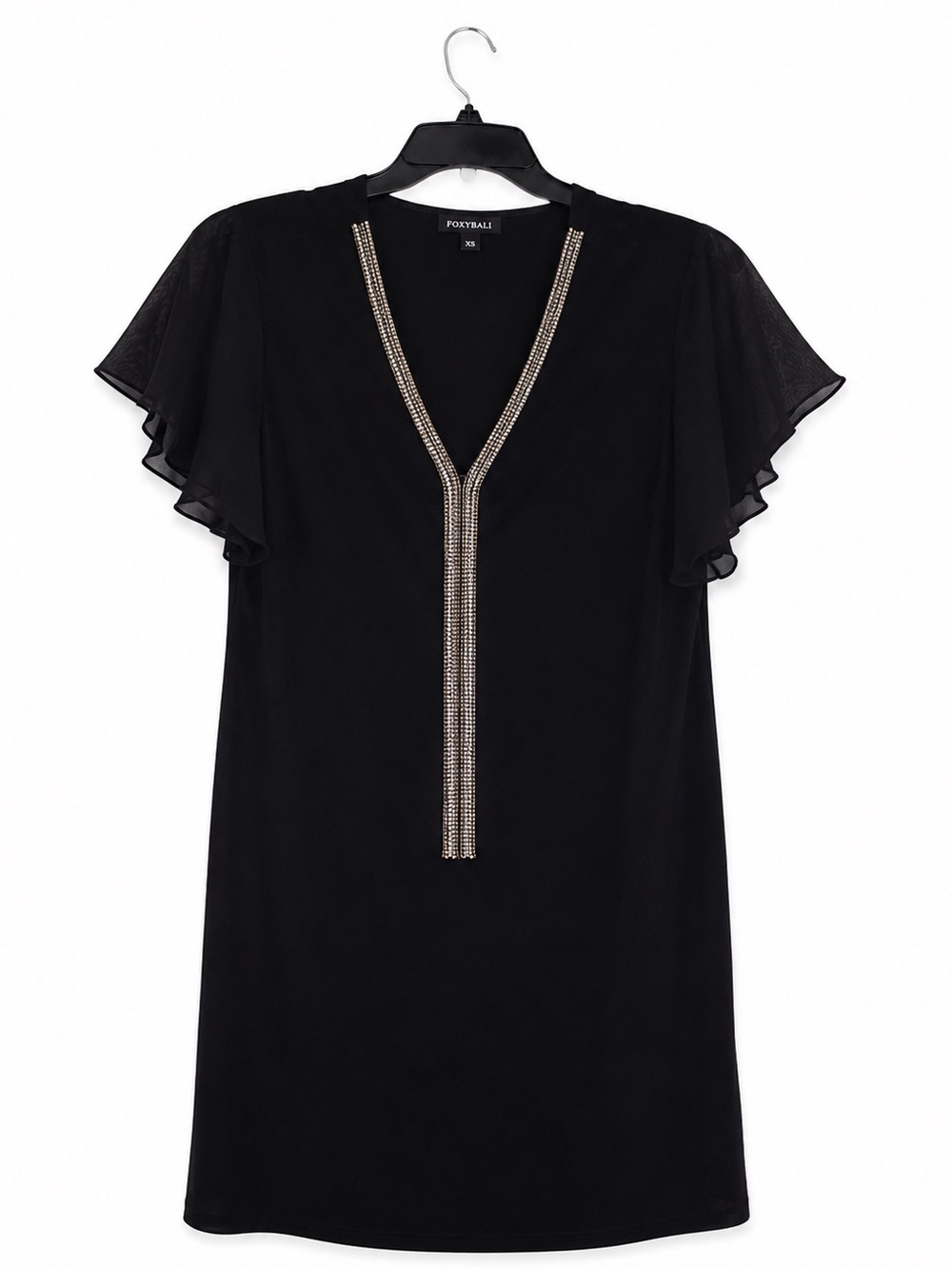 Roz & Ali Black Rhinestone Shift Dress M Sheer Sleeve Cocktail Dress